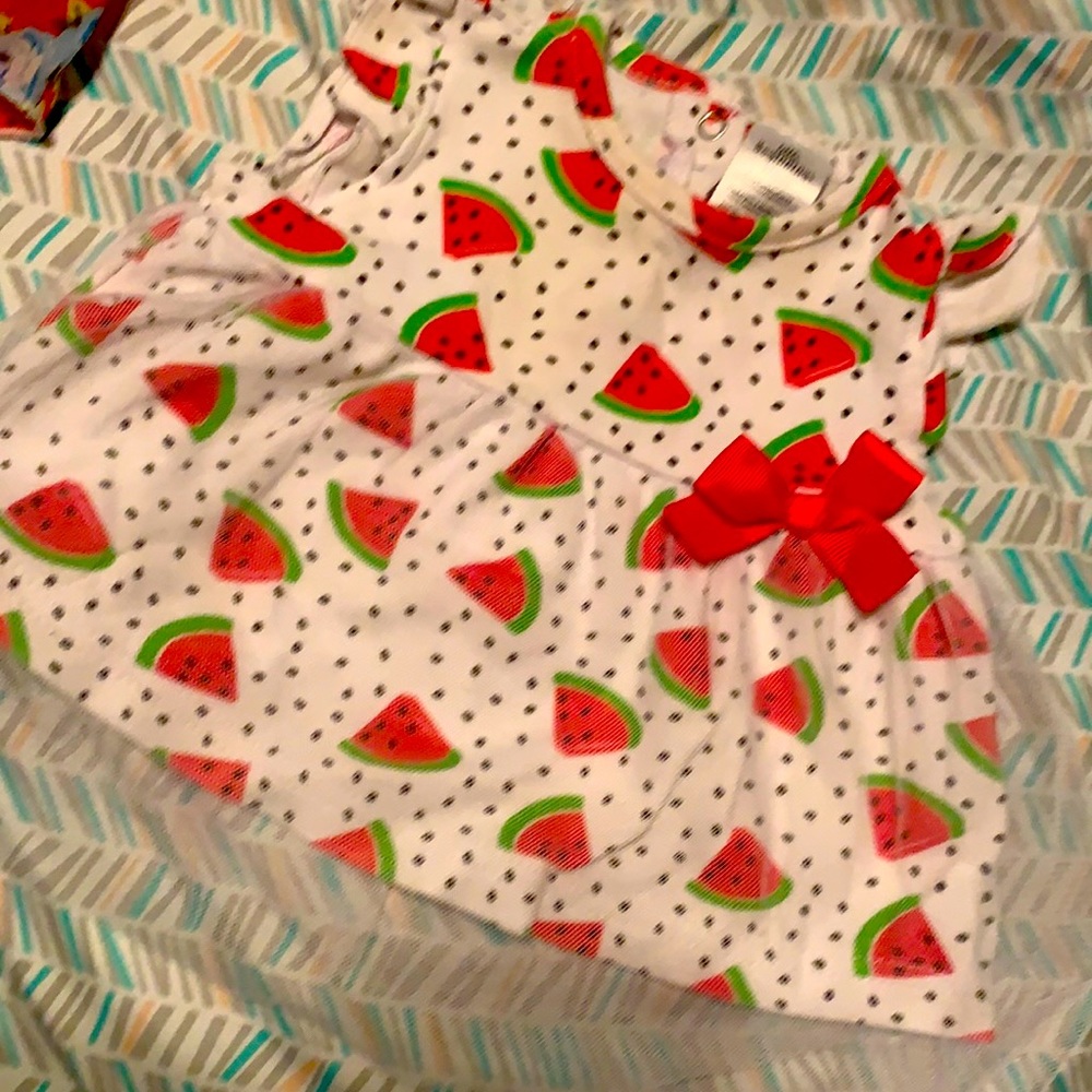 Watermelon dress with tulle overlay, 0-3 months